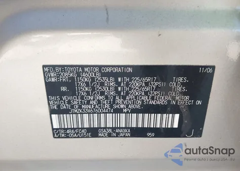 2007 Toyota Rav4 Base V6 z USA, uszkodzony, nr VIN JTMZK33V676004474